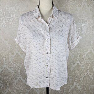 Rachel Zoe Size Medium Linen Button Up Blouse White Tan Polka Dots Boxy Cut